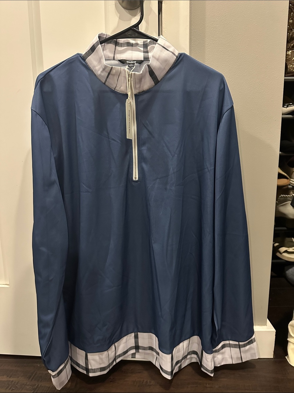 Blue Long-Sleeve Pullover with Plaid Trim